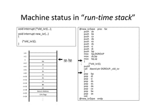 Machine status in “run-time stack”
void interrupt (*old_isr)(...);
void interrupt new_isr(…)
{
(*old_isr)();
}
@new_isr$qve proc far
push ax
push bx
push cx
push dx
push es
push ds
push si
push di
push bp
mov bp,DGROUP
mov ds,bp
n-6 mov bp,DGROUP
mov ds,bp
mov bp,sp
; {
; (*old_isr)();
pushf
call dword ptr DGROUP:_old_isr
; }
pop bp
pop di
pop si
pop ds
pop es
pop dx
pop cx
pop bx
pop ax
iret
@new_isr$qve endp
n-2
n
n+2
n+4
n+6
n+8
n+10
n+12
n+14
n+16
n+18
n+22
n+24
CPU flags
Return Address
.
.
.
ax
axbx
cx
dx
es
ds
si
di
bp sp, bp
 