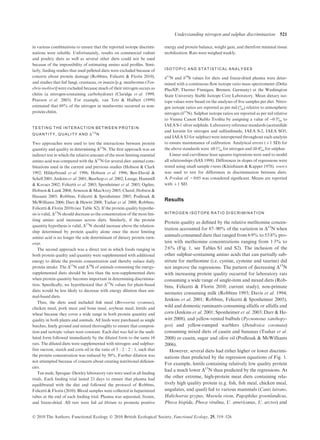 in various combinations to ensure that the reported isotope discrimi-
nations were reliable. Unfortunately, results on commercial rodent
and poultry diets as well as several other diets could not be used
because of the impossibility of estimating amino acid proﬁles. Simi-
larly, feeding studies that used pelleted diets were excluded because of
concern about protein damage (Robbins, Felicetti & Florin 2010),
and studies that fed fungi, crustacea, or insects [e.g. mealworms (Ten-
ebrio molitor)] were excluded because much of their nitrogen occurs as
chitin (a nitrogen-containing carbohydrate) (Claridge et al. 1999;
Pearson et al. 2003). For example, van Tets & Hulbert (1999)
estimated that 69% of the nitrogen in mealworms occurred as non-
protein chitin.
TESTING THE INTERACTION BETWEEN PR OT EIN
QUANTIT Y, QUALITY AND D1 5
N
Two approaches were used to test the interactions between protein
quantity and quality in determining D15
N. The ﬁrst approach was an
indirect test in which the relative amount of the most limiting essential
amino acid was compared with the D15
N for several diet–animal com-
binations used in the current and previous studies (Hobson & Clark
1992; Hilderbrand et al. 1996; Hobson et al. 1996; Ben-David &
Schell 2001; Jenkins et al. 2001; Bearhop et al. 2002; Lesage, Hammill
& Kavacs 2002; Felicetti et al. 2003; Sponheimer et al. 2003; Ogden,
Hobson & Lank 2004; Arneson & MacAvoy 2005; Cherel, Hobson &
Hassani 2005; Robbins, Felicetti & Sponheimer 2005; Podlesak &
McWilliams 2006; Darr & Hewitt 2008; Tsahar et al. 2008; Robbins,
Felicetti & Florin 2010) (see Table S2). If the protein quality hypothe-
sis is valid, D15
N should decrease as the concentration of the most lim-
iting amino acid increases across diets. Similarly, if the protein
quantity hypothesis is valid, D15
N should increase above the relation-
ship determined by protein quality alone once the most limiting
amino acid is no longer the sole determinant of dietary protein turn-
over.
The second approach was a direct test in which foods ranging in
both protein quality and quantity were supplemented with additional
energy to dilute the protein concentration and thereby reduce daily
protein intake. The D15
N and D34
S of animals consuming the energy-
supplemented diets should be less than the non-supplemented diets
when protein quantity becomes important in determining discrimina-
tion. Speciﬁcally, we hypothesized that D15
N values for plant-based
diets would be less likely to decrease with energy dilution than ani-
mal-based diets.
Thus, the diets used included ﬁsh meal (Brevoortia tyrannus),
chicken meal, pork meat and bone meal, soybean meal, lentils and
wheat because they cover a wide range in both protein quantity and
quality in both plants and animals. All feeds were purchased as single
batches, ﬁnely ground and mixed thoroughly to ensure that composi-
tion and isotopic values were constant. Each diet was fed in the undi-
luted form followed immediately by the diluted form to the same 10
rats. The diluted diets were supplemented with nitrogen- and sulphur-
free sucrose, starch and corn oil in the ratio of 5 : 2 : 2 : 1, such that
the protein concentration was reduced by 50%. Further dilution was
not attempted because of concern about creating nutritional deﬁcien-
cies.
Ten male, Sprague–Dawley laboratory rats were used in all feeding
trials. Each feeding trial lasted 21 days to ensure that plasma had
equilibrated with the diet and followed the protocol of Robbins,
Felicetti & Florin (2010). Blood samples were collected in heparinized
tubes at the end of each feeding trial. Plasma was separated, frozen,
and freeze-dried. All rats were fed ad libitum to promote positive
energy and protein balance, weight gain, and therefore minimal tissue
mobilization. Rats were weighed weekly.
ISOTOPIC AND STATISTIC AL ANALYSES
d15
N and d34
S values for diets and freeze-dried plasma were deter-
mined with a continuous ﬂow isotope ratio mass spectrometer (Delta
PlusXP; Thermo Finnigan, Bremen, Germany) at the Washington
State University Stable Isotope Core Laboratory. Mean dietary iso-
tope values were based on the analyses of ﬁve samples per diet. Nitro-
gen isotope ratios are reported as per mil (&) relative to atmospheric
nitrogen (d15
N). Sulphur isotope ratios are reported as per mil relative
to Vienna Canon Diablo Troilite by assigning a value of )0Æ3& to
IAEA S-1 silver sulphide. Laboratory reference standards (acetanilide
and keratin for nitrogen and sulfanilimide, IAEA S-2, IAEA SO5,
and IAEA S3 for sulphur) were interspersed throughout each analysis
to ensure maintenance of calibration. Analytical errors (±1 SD) for
the above standards were £0Æ1& for nitrogen and £0Æ4& for sulphur.
Linear and curvilinear least squares regressions were used to model
all relationships (SAS 1998). Differences in slopes of regressions were
tested using small sample t-tests (Kleinbaum & Kupper 1978). ANOVA
was used to test for differences in discrimination between diets.
A P-value of <0Æ05 was considered signiﬁcant. Means are reported
with ±1 SD.
Results
NITROGEN ISOTOPE RAT IO DISCR IMINATION
Protein quality as deﬁned by the relative methionine concen-
tration accounted for 87–90% of the variation in D15
N when
animals consumed diets that ranged from 6Æ9% to 53Æ8% pro-
tein with methionine concentrations ranging from 1Æ3% to
2Æ6% (Fig. 1, see Tables S1 and S2). The inclusion of the
other sulphur-containing amino acids that can partially sub-
stitute for methionine (i.e. cystine, cysteine and taurine) did
not improve the regressions. The pattern of decreasing D15
N
with increasing protein quality occurred for laboratory rats
consuming a wide range of single-item and mixed diets (Rob-
bins, Felicetti & Florin 2010; current study), non-primate
neonates consuming milk (Robbins 1993; Davis et al. 1994;
Jenkins et al. 2001; Robbins, Felicetti & Sponheimer 2005),
wild and domestic ruminants consuming alfalfa or alfalfa and
corn (Jenkins et al. 2001; Sponheimer et al. 2003; Darr & He-
witt 2008), and yellow-vented bulbuls (Pycnonotus xanthopy-
gos) and yellow-rumped warblers (Dendroica coronata)
consuming mixed diets of casein and bananas (Tsahar et al.
2008) or casein, sugar and olive oil (Podlesak & McWilliams
2006).
However, several diets had either higher or lower discrimi-
nations than predicted by the regression equations of Fig. 1.
For example, lentils containing relatively low quality protein
had a much lower D15
N than predicted by the regressions. At
the other extreme, high-protein meat diets containing rela-
tively high quality protein (e.g. ﬁsh, ﬁsh meal, chicken meal,
ungulates, and quail) fed to various mammals (Canis latrans,
Halichoerus grypus, Mustela vison, Pagophilus groenlandicus,
Phoca hispida, Phoca vitulina, U. americanus, U. arctos) and
Ó 2010 The Authors. Functional Ecology Ó 2010 British Ecological Society, Functional Ecology, 25, 519–526
Understanding nitrogen and sulphur discrimination 521
 