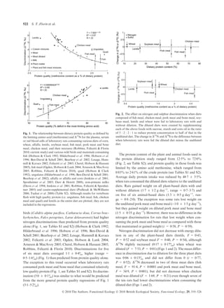birds (Calidris alpine paciﬁca, Catharacta skua, Corvus brac-
hyrhynchos, Falco peregrines, Larus delawarensis) had higher
nitrogen discriminations than predicted from protein quality
alone (Fig. 1, see Tables S1 and S2) (Hobson & Clark 1992;
Hilderbrand et al. 1996; Hobson et al. 1996; Ben-David &
Schell 2001; Bearhop et al. 2002; Lesage, Hammill & Kavacs
2002; Felicetti et al. 2003; Ogden, Hobson & Lank 2004;
Arneson & MacAvoy 2005; Cherel, Hobson & Hassani 2005;
Robbins, Felicetti & Florin 2010). Discriminations for ﬁve
of six meat diets averaged 1Æ1 ± 0Æ4& higher (range =
0Æ5–1Æ6&) (Fig. 1) than predicted from protein quality alone.
The exception to this trend occurred when laboratory rats
consumed pork meat and bone meal that contained relatively
low quality protein (Fig. 1, see Tables S1 and S2). Its discrim-
ination (5Æ0 ± 0Æ1&) was similar to what would be predicted
from the more general protein quality regressions of Fig. 1
(5Æ1–5Æ2&).
The protein content of the plant and animal foods used in
the protein dilution study ranged from 12Æ5% to 72Æ0%
(Fig. 2, see Table S2); and protein quality in those foods was
limited by the amino acid methionine, which ranged from
0Æ85% to 2Æ61% of the crude protein (see Tables S1 and S2).
Average daily protein intake was reduced by 48Æ7 ± 3Æ5%
when rats consumed the diluted diets relative to the undiluted
diets. Rats gained weight on all plant-based diets with and
without dilution (1Æ7 ± 1Æ2 g day)1
, range = 0Æ7–3Æ7) and
on ﬁve of six animal-based diets (1Æ3 ± 0Æ5 g day)1
, ran-
ge = 0Æ8–2Æ0). The exception was some rats lost weight on
the undiluted pork meat and bone meal ()1Æ0 ± 1Æ5 g day)1
),
but they gained weight on diluted pork meat and bone meal
(1Æ5 ± 0Æ35 g day)1
). However, there was no difference in the
nitrogen discrimination for rats that lost weight when con-
suming the pork meat and bone meal as compared with those
that maintained or gained weight (t = 0Æ58, P = 0Æ59).
Nitrogen discrimination did not decrease with energy dilu-
tion in any of the plant-based diets (lentils, F = 0Æ43,
P = 0Æ52 and soybean meal F = 0Æ40, P = 0Æ54), although
D15
N slightly increased (0Æ17 ± 0Æ17&) when wheat was
diluted (F = 7Æ53, P = 0Æ01) (Figs 1 and 2). The mean differ-
ence in discrimination due to dilution for the three plant diets
was 0Æ06 ± 0Æ13& and did not differ from 0 (t = 0Æ77,
P = 0Æ52). D15
N decreased in two of three meat diets (ﬁsh
meal, F = 91Æ4, P < 0Æ0001 and pork meat and bone meal,
F = 34Æ9, P < 0Æ001), but did not decrease when chicken
meal was diluted (F = 1Æ69, P = 0Æ21) even though seven of
the ten rats had lower discriminations when consuming the
diluted diet (Figs 1 and 2).
Fig. 1. The relationship between dietary protein quality as deﬁned by
the limiting amino acid (methionine) and D15
N for the plasma, serum
or red blood cells of laboratory rats consuming various diets of corn,
wheat, alfalfa, lentils, soybean meal, ﬁsh meal, pork meat and bone
meal, chicken meal, and their mixtures (Robbins, Felicetti & Florin
2010; current study) and various wild birds and mammals consuming
ﬁsh (Hobson & Clark 1992; Hilderbrand et al. 1996; Hobson et al.
1996; Ben-David & Schell 2001; Bearhop et al. 2002; Lesage, Ham-
mill & Kavacs 2002; Felicetti et al. 2003; Cherel, Hobson & Hassani
2005), ﬁsh meal (Ogden, Hobson & Lank 2004; Arneson & MacAvoy
2005; Robbins, Felicetti & Florin 2010), quail (Hobson & Clark
1992), ungulates (Hilderbrand et al. 1996; Ben-David & Schell 2001;
Bearhop et al. 2002), alfalfa or alfalfa and corn (Jenkins et al. 2001;
Sponheimer et al. 2003; Darr & Hewitt 2008), non-primate milks
(Davis et al. 1994; Jenkins et al. 2001; Robbins, Felicetti & Sponhei-
mer 2005) and casein-supplemented diets (Podlesak & McWilliams
2006; Tsahar et al. 2008) (Table S2). Although results for vertebrate
ﬂesh with high quality protein (i.e. ungulates, ﬁsh meal, ﬁsh, chicken
meal and quail) and lentils as the entire diet are plotted, they are not
included in the regressions.
–1
–0·5
0
0·5
1
0·5 1 1·5 2 2·5
ChangeinΔ15NorΔ34S(‰)
Protein quality (methionine content as a % of dietary protein)
Lentils
Soybean meal
Wheat
Fish mealPork meal
Chicken meal
Fig. 2. The effect on nitrogen and sulphur discrimination when diets
composed of ﬁsh meal, chicken meal, pork meat and bone meal, soy-
bean meal, lentils and wheat were fed to laboratory rats with and
without dilution. The diluted diets were created by supplementing
each of the above foods with sucrose, starch and corn oil in the ratio
of 5 : 2 : 2 : 1 to reduce protein concentration to half of that in the
undiluted diet. The change in D15
N and D34
S is the difference between
when laboratory rats were fed the diluted diet minus the undiluted
diet.
Ó 2010 The Authors. Functional Ecology Ó 2010 British Ecological Society, Functional Ecology, 25, 519–526
522 S. T. Florin et al.
 
