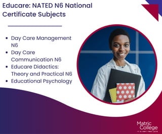 Educare: NATED N6 National
Certificate Subjects
Day Care Management
N6
Day Care
Communication N6
Educare Didactics:
Theory and Practical N6
Educational Psychology
 