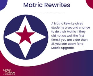 Matric Rewrites
A Matric Rewrite gives
students a second chance
to do their Matric if they
did not do well the first
time.If you are older than
21, you can apply for a
Matric Upgrade.
 