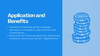 Application and
Benefits
Valuation methods guide strategic
decisions in mergers, acquisitions, and
investments.
Essential for financial planning, attracting
investors, and ensuring fair negotiations.
 