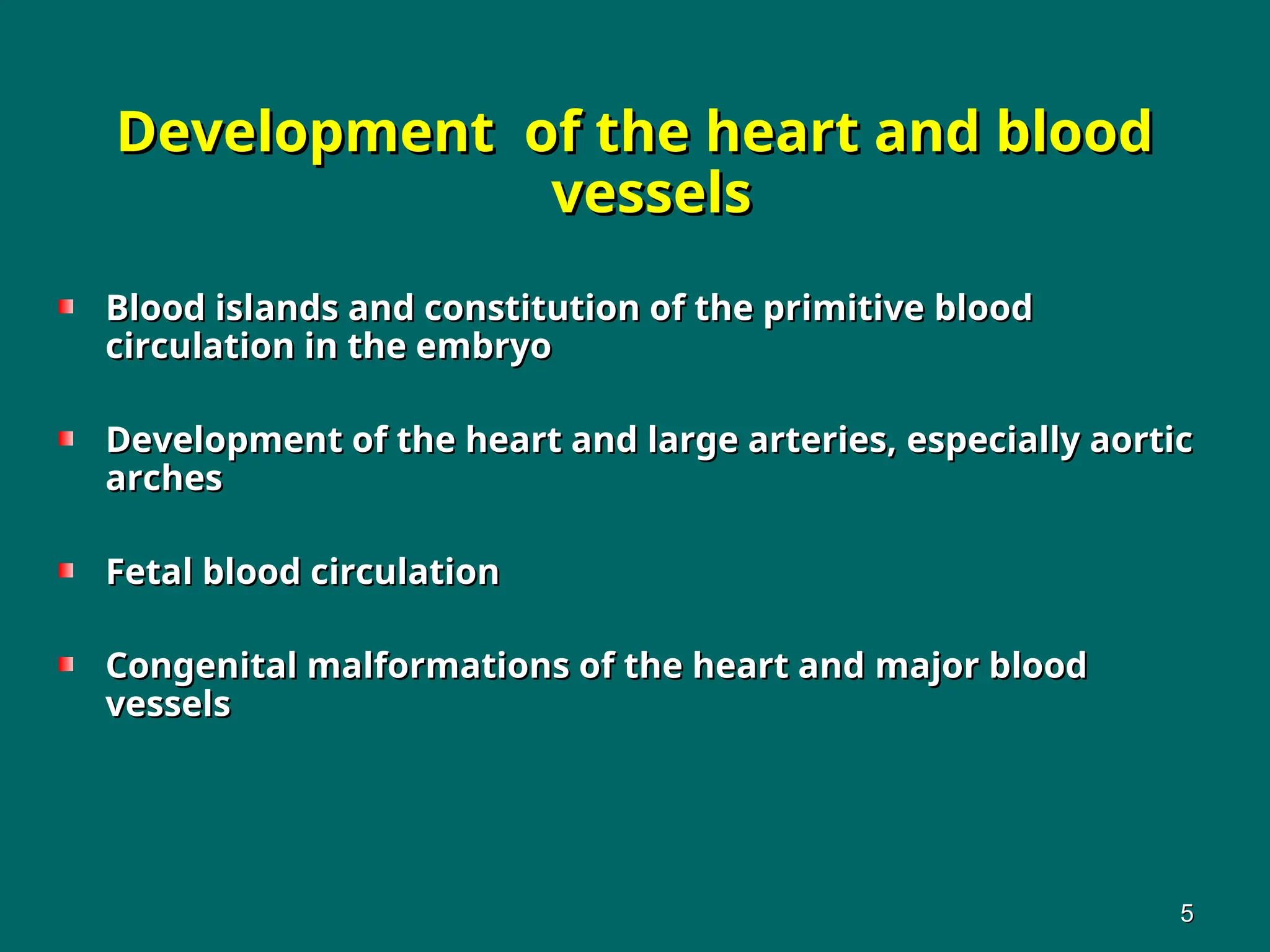 Development of the heart and blood
Development of the heart and blood
vessels
vessels
Blood isl
Blood islands
ands and constitution of the primitive
and constitution of the primitive blood
blood
circulation in the embryo
circulation in the embryo
Development of the heart and large arteries,
Development of the heart and large arteries, especially aortic
especially aortic
arches
arches
Fetal blood circulation
Fetal blood circulation
Congenital malformations of the heart and
Congenital malformations of the heart and major blood
major blood
vessels
vessels
5
5
 