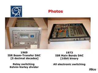 Photos
1969
ISR Beam-Transfer DAC
[5 decimal decades]
Relay switching
Kelvin-Varley divider
1973
ISR Main Bends DAC
[16bit binary
All electronic switching
 