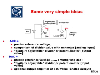 Some very simple ideas
 ADC =
 precise reference voltage
 comparison of divider value with unknown [analog input]
 “digitally adjustable” divider or potentiometer [output
value]
 DAC =
 precise reference voltage ……. {multiplying dac}
 “digitally adjustable” divider or potentiometer [input
value]
 optional output amplifier of pot. value [analog output]
=
‘Digitally set’
potentiometer
dial
Comparator
equal
Vref
Unknown
voltage
DAC ADC
Vdac
 