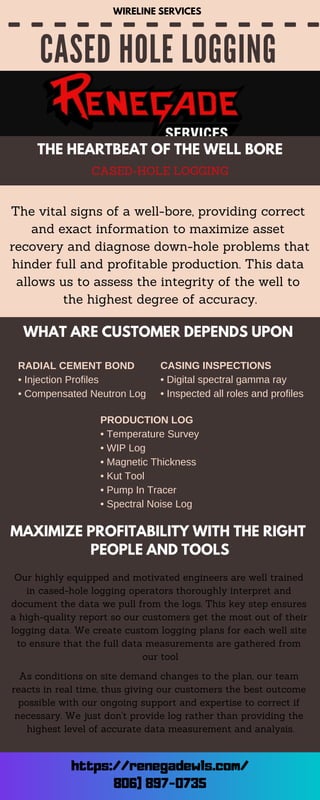 CASED HOLE LOGGING
WIRELINE SERVICES
https://renegadewls.com/
806) 897-0735
THE HEARTBEAT OF THE WELL BORE
CASED-HOLE LOGGING
The vital signs of a well-bore, providing correct
and exact information to maximize asset
recovery and diagnose down-hole problems that
hinder full and profitable production. This data
allows us to assess the integrity of the well to
the highest degree of accuracy.
WHAT ARE CUSTOMER DEPENDS UPON
RADIAL CEMENT BOND
• Injection Proles
• Compensated Neutron Log
CASING INSPECTIONS
• Digital spectral gamma ray
• Inspected all roles and profiles
PRODUCTION LOG
• Temperature Survey
• WIP Log
• Magnetic Thickness
• Kut Tool
• Pump In Tracer
• Spectral Noise Log
MAXIMIZE PROFITABILITY WITH THE RIGHT
PEOPLE AND TOOLS
Our highly equipped and motivated engineers are well trained
in cased-hole logging operators thoroughly interpret and
document the data we pull from the logs. This key step ensures
a high-quality report so our customers get the most out of their
logging data. We create custom logging plans for each well site
to ensure that the full data measurements are gathered from
our tool
As conditions on site demand changes to the plan, our team
reacts in real time, thus giving our customers the best outcome
possible with our ongoing support and expertise to correct if
necessary. We just don't provide log rather than providing the
highest level of accurate data measurement and analysis.
 
