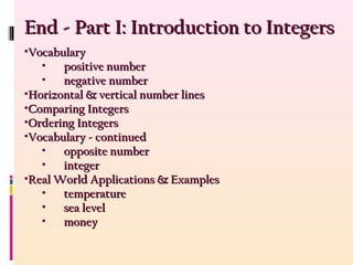 End - Part I: Introduction to IntegersEnd - Part I: Introduction to Integers
•VocabularyVocabulary
• positive numberpositive number
• negative numbernegative number
•Horizontal & vertical number linesHorizontal & vertical number lines
•Comparing IntegersComparing Integers
•Ordering IntegersOrdering Integers
•Vocabulary - continuedVocabulary - continued
• opposite numberopposite number
• integerinteger
•Real World Applications & ExamplesReal World Applications & Examples
• temperaturetemperature
• sea levelsea level
• moneymoney
 