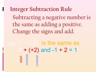 ex. -1 – (-2) is the same as
-1 + (+2) and -1 + 2 = 1
Subtracting a negative number is
the same as adding a positive.
Change the signs and add.
Integer Subtraction Rule
KEEP
CHANGE
CHANGE
 