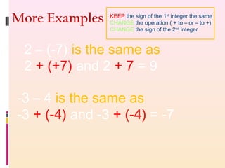-3 – 4 is the same as
-3 + (-4) and -3 + (-4) = -7
More Examples
2 – (-7) is the same as
2 + (+7) and 2 + 7 = 9
KEEP the sign of the 1st
integer the same
CHANGE the operation ( + to – or – to +)
CHANGE the sign of the 2nd
integer
 