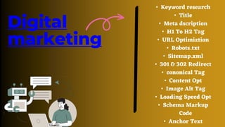 Digital
marketing
• Keyword research
• Title
• Meta dscription
• H1 To H2 Tag
• URL Optimiztion
• Robots.txt
• Sitemap.xml
• 301 & 302 Redirect
• cononical Tag
• Content Opt
• Image Alt Tag
• Loading Speed Opt
• Schema Markup
Code
• Anchor Text
 
