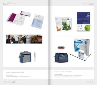 Cliente > INFARMED | Congresso                                                                                                                Cliente > FIPA | Congresso
 PORTFOLIO                                                                                                                                                 PORTFOLIO




                                                                      Co
                                                                      Congresso > Organização e Gestão de Eventos
       Congresso > Organização e Gestão de Eventos
                                                                      O
                                                                      Outros trabalhos:
       Outros trabalhos:
                                                                      Re
                                                                      Restyling de Logótipo e material estacionário; Concepção de Brochuras;
       Concepção e produção de todos os suportes para eventos, etc.
                                                                      C
                                                                      Criação de todos os suportes de comunicação para eventos, etc.



18                                                                                                                                                                      19
 