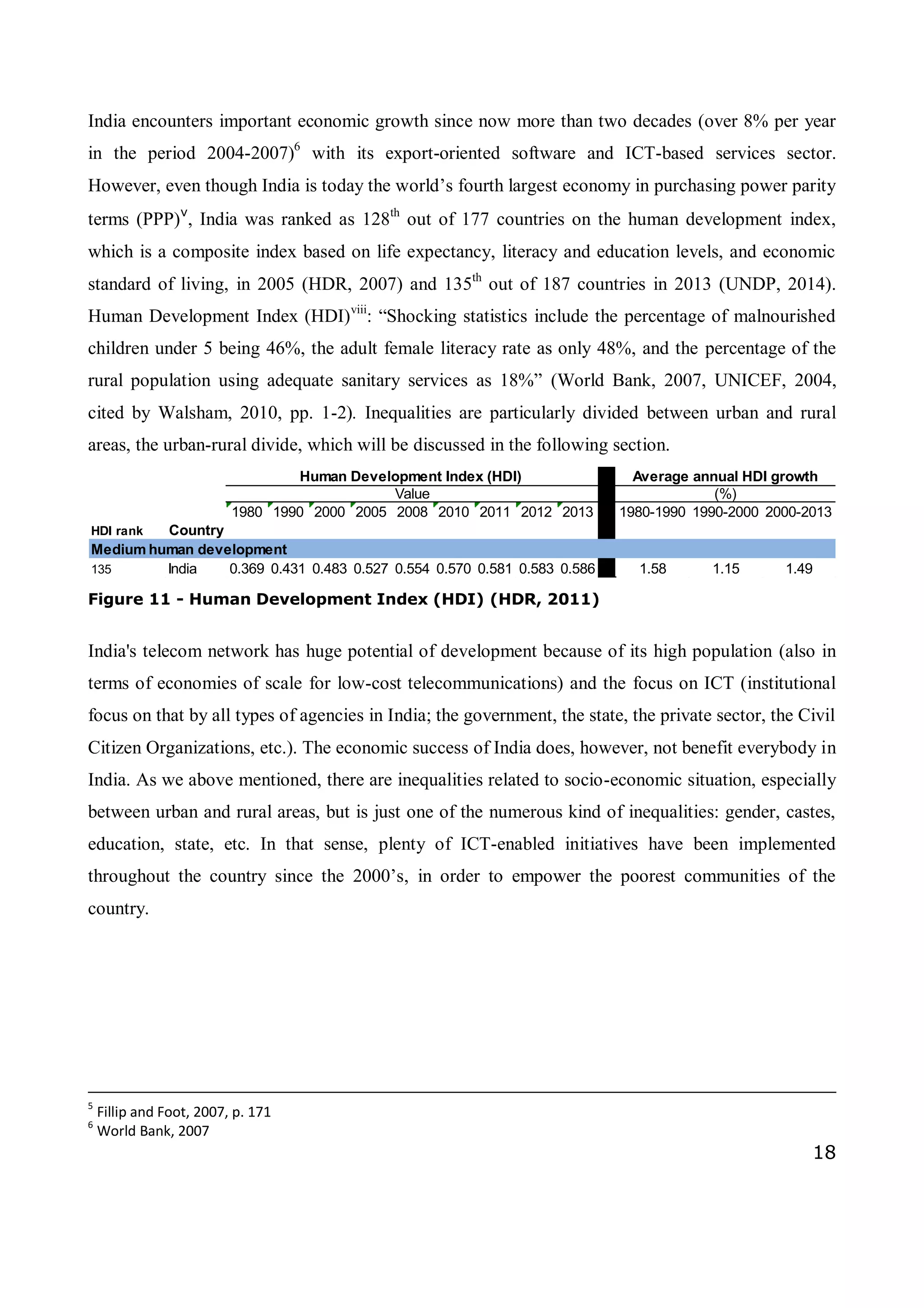 18
India encounters important economic growth since now more than two decades (over 8% per year
in the period 2004-2007)6
with its export-oriented software and ICT-based services sector.
However, even though India is today the world’s fourth largest economy in purchasing power parity
terms (PPP)v
, India was ranked as 128th
out of 177 countries on the human development index,
which is a composite index based on life expectancy, literacy and education levels, and economic
standard of living, in 2005 (HDR, 2007) and 135th
out of 187 countries in 2013 (UNDP, 2014).
Human Development Index (HDI)viii
: “Shocking statistics include the percentage of malnourished
children under 5 being 46%, the adult female literacy rate as only 48%, and the percentage of the
rural population using adequate sanitary services as 18%” (World Bank, 2007, UNICEF, 2004,
cited by Walsham, 2010, pp. 1-2). Inequalities are particularly divided between urban and rural
areas, the urban-rural divide, which will be discussed in the following section.
1980 1990 2000 2005 2008 2010 2011 2012 2013 1980-1990 1990-2000 2000-2013
HDI rank Country
135 India 0.369 0.431 0.483 0.527 0.554 0.570 0.581 0.583 0.586 1.58 1.15 1.49
Human Development Index (HDI) Average annual HDI growth
Value (%)
Medium human development
Figure 11 - Human Development Index (HDI) (HDR, 2011)
India's telecom network has huge potential of development because of its high population (also in
terms of economies of scale for low-cost telecommunications) and the focus on ICT (institutional
focus on that by all types of agencies in India; the government, the state, the private sector, the Civil
Citizen Organizations, etc.). The economic success of India does, however, not benefit everybody in
India. As we above mentioned, there are inequalities related to socio-economic situation, especially
between urban and rural areas, but is just one of the numerous kind of inequalities: gender, castes,
education, state, etc. In that sense, plenty of ICT-enabled initiatives have been implemented
throughout the country since the 2000’s, in order to empower the poorest communities of the
country.
5
Fillip and Foot, 2007, p. 171
6
World Bank, 2007
 