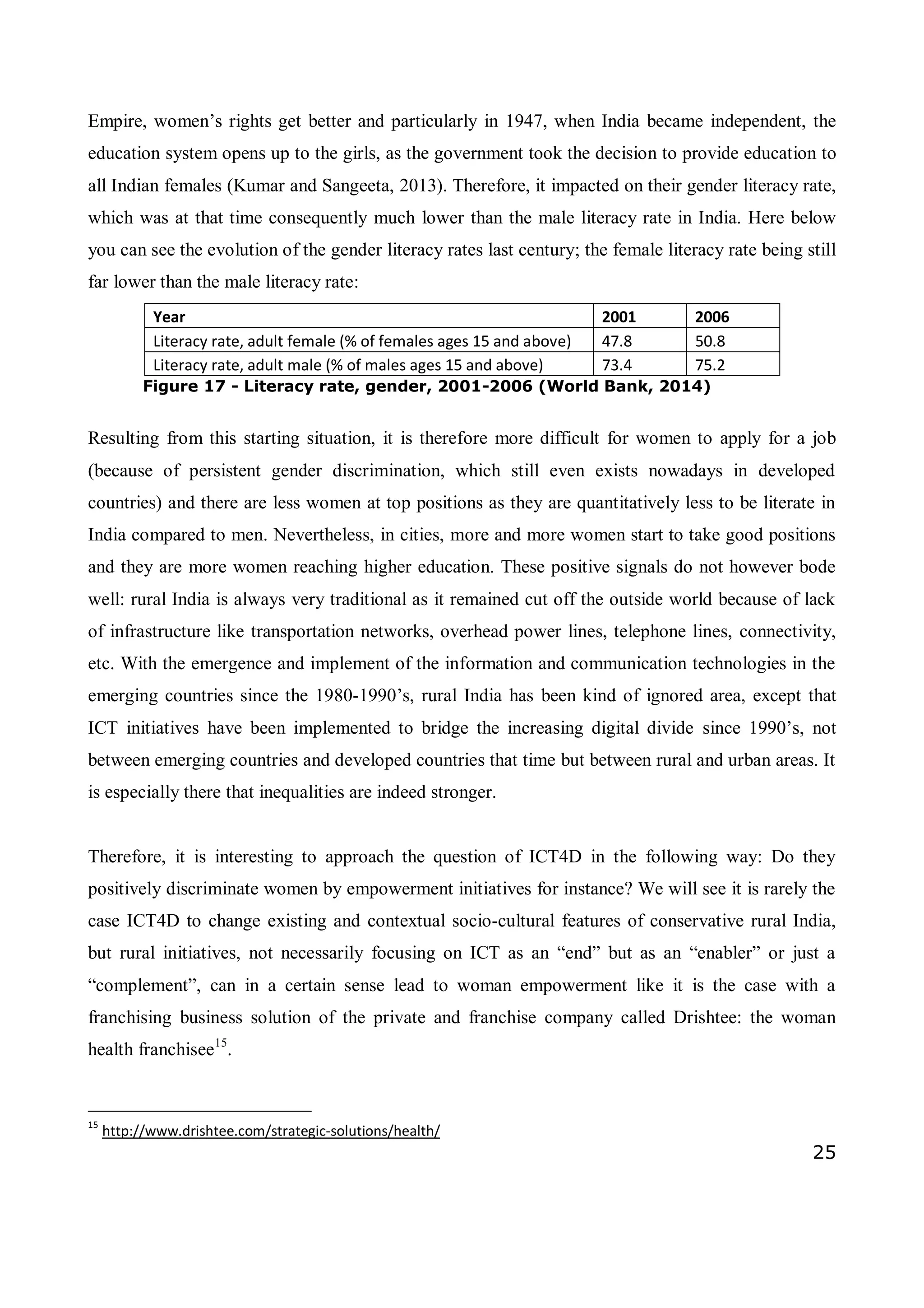 25
Empire, women’s rights get better and particularly in 1947, when India became independent, the
education system opens up to the girls, as the government took the decision to provide education to
all Indian females (Kumar and Sangeeta, 2013). Therefore, it impacted on their gender literacy rate,
which was at that time consequently much lower than the male literacy rate in India. Here below
you can see the evolution of the gender literacy rates last century; the female literacy rate being still
far lower than the male literacy rate:
Year 2001 2006
Literacy rate, adult female (% of females ages 15 and above) 47.8 50.8
Literacy rate, adult male (% of males ages 15 and above) 73.4 75.2
Figure 17 - Literacy rate, gender, 2001-2006 (World Bank, 2014)
Resulting from this starting situation, it is therefore more difficult for women to apply for a job
(because of persistent gender discrimination, which still even exists nowadays in developed
countries) and there are less women at top positions as they are quantitatively less to be literate in
India compared to men. Nevertheless, in cities, more and more women start to take good positions
and they are more women reaching higher education. These positive signals do not however bode
well: rural India is always very traditional as it remained cut off the outside world because of lack
of infrastructure like transportation networks, overhead power lines, telephone lines, connectivity,
etc. With the emergence and implement of the information and communication technologies in the
emerging countries since the 1980-1990’s, rural India has been kind of ignored area, except that
ICT initiatives have been implemented to bridge the increasing digital divide since 1990’s, not
between emerging countries and developed countries that time but between rural and urban areas. It
is especially there that inequalities are indeed stronger.
Therefore, it is interesting to approach the question of ICT4D in the following way: Do they
positively discriminate women by empowerment initiatives for instance? We will see it is rarely the
case ICT4D to change existing and contextual socio-cultural features of conservative rural India,
but rural initiatives, not necessarily focusing on ICT as an “end” but as an “enabler” or just a
“complement”, can in a certain sense lead to woman empowerment like it is the case with a
franchising business solution of the private and franchise company called Drishtee: the woman
health franchisee15
.
15
http://www.drishtee.com/strategic-solutions/health/
 