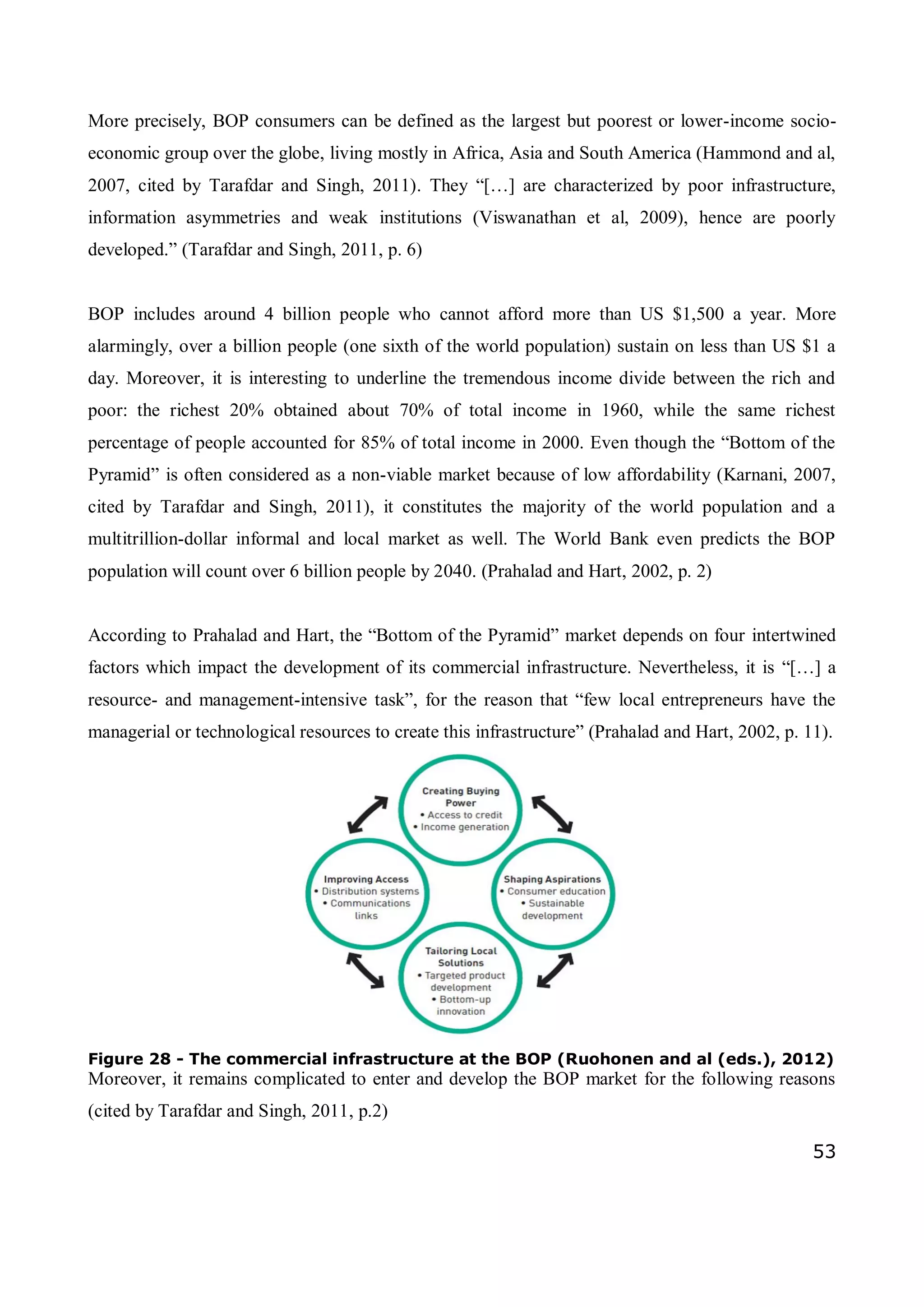 53
More precisely, BOP consumers can be defined as the largest but poorest or lower-income socio-
economic group over the globe, living mostly in Africa, Asia and South America (Hammond and al,
2007, cited by Tarafdar and Singh, 2011). They “[…] are characterized by poor infrastructure,
information asymmetries and weak institutions (Viswanathan et al, 2009), hence are poorly
developed.” (Tarafdar and Singh, 2011, p. 6)
BOP includes around 4 billion people who cannot afford more than US $1,500 a year. More
alarmingly, over a billion people (one sixth of the world population) sustain on less than US $1 a
day. Moreover, it is interesting to underline the tremendous income divide between the rich and
poor: the richest 20% obtained about 70% of total income in 1960, while the same richest
percentage of people accounted for 85% of total income in 2000. Even though the “Bottom of the
Pyramid” is often considered as a non-viable market because of low affordability (Karnani, 2007,
cited by Tarafdar and Singh, 2011), it constitutes the majority of the world population and a
multitrillion-dollar informal and local market as well. The World Bank even predicts the BOP
population will count over 6 billion people by 2040. (Prahalad and Hart, 2002, p. 2)
According to Prahalad and Hart, the “Bottom of the Pyramid” market depends on four intertwined
factors which impact the development of its commercial infrastructure. Nevertheless, it is “[…] a
resource- and management-intensive task”, for the reason that “few local entrepreneurs have the
managerial or technological resources to create this infrastructure” (Prahalad and Hart, 2002, p. 11).
Figure 28 - The commercial infrastructure at the BOP (Ruohonen and al (eds.), 2012)
Moreover, it remains complicated to enter and develop the BOP market for the following reasons
(cited by Tarafdar and Singh, 2011, p.2)
 