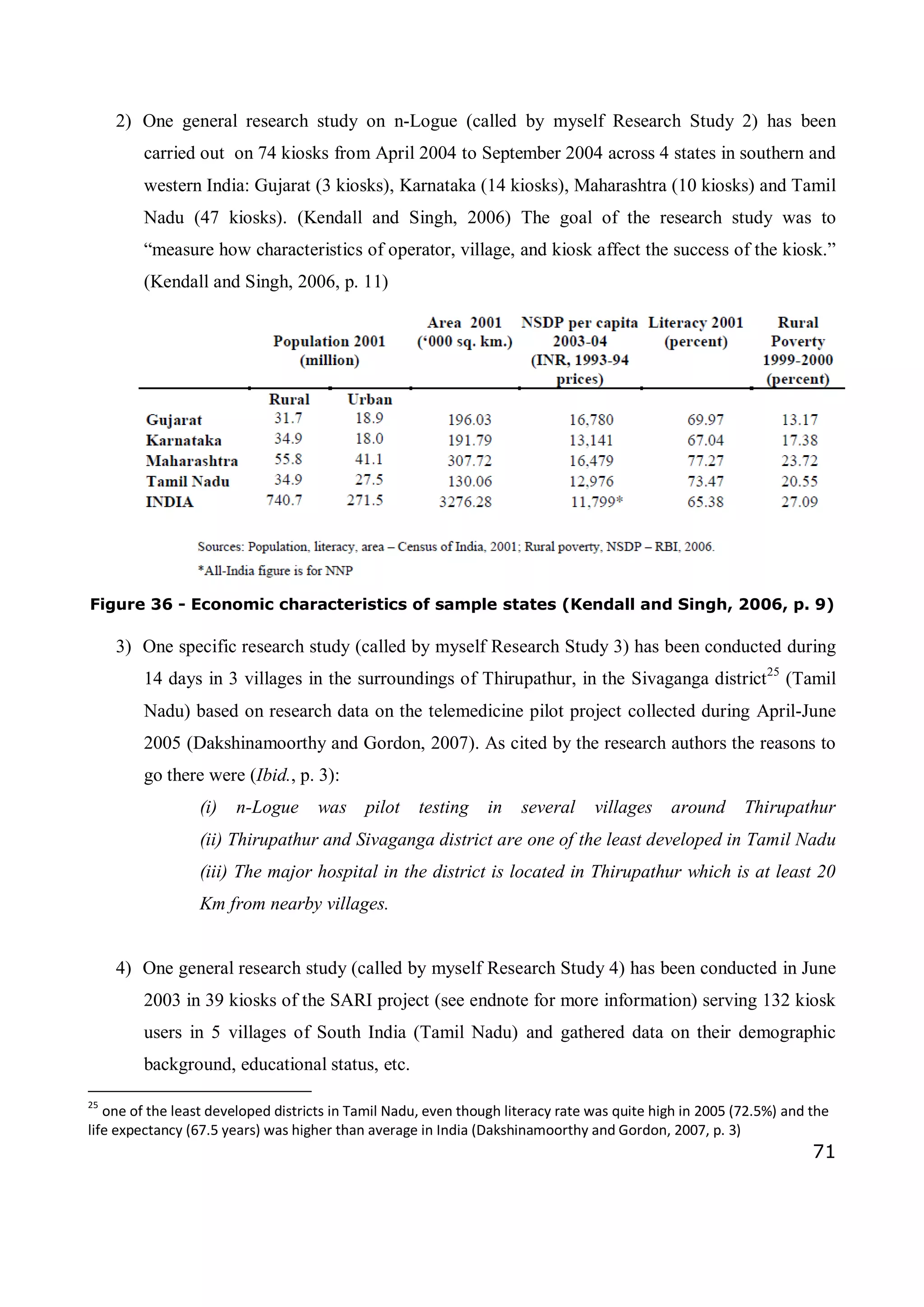 71
2) One general research study on n-Logue (called by myself Research Study 2) has been
carried out on 74 kiosks from April 2004 to September 2004 across 4 states in southern and
western India: Gujarat (3 kiosks), Karnataka (14 kiosks), Maharashtra (10 kiosks) and Tamil
Nadu (47 kiosks). (Kendall and Singh, 2006) The goal of the research study was to
“measure how characteristics of operator, village, and kiosk affect the success of the kiosk.”
(Kendall and Singh, 2006, p. 11)
Figure 36 - Economic characteristics of sample states (Kendall and Singh, 2006, p. 9)
3) One specific research study (called by myself Research Study 3) has been conducted during
14 days in 3 villages in the surroundings of Thirupathur, in the Sivaganga district25
(Tamil
Nadu) based on research data on the telemedicine pilot project collected during April-June
2005 (Dakshinamoorthy and Gordon, 2007). As cited by the research authors the reasons to
go there were (Ibid., p. 3):
(i) n-Logue was pilot testing in several villages around Thirupathur
(ii) Thirupathur and Sivaganga district are one of the least developed in Tamil Nadu
(iii) The major hospital in the district is located in Thirupathur which is at least 20
Km from nearby villages.
4) One general research study (called by myself Research Study 4) has been conducted in June
2003 in 39 kiosks of the SARI project (see endnote for more information) serving 132 kiosk
users in 5 villages of South India (Tamil Nadu) and gathered data on their demographic
background, educational status, etc.
25
one of the least developed districts in Tamil Nadu, even though literacy rate was quite high in 2005 (72.5%) and the
life expectancy (67.5 years) was higher than average in India (Dakshinamoorthy and Gordon, 2007, p. 3)
 