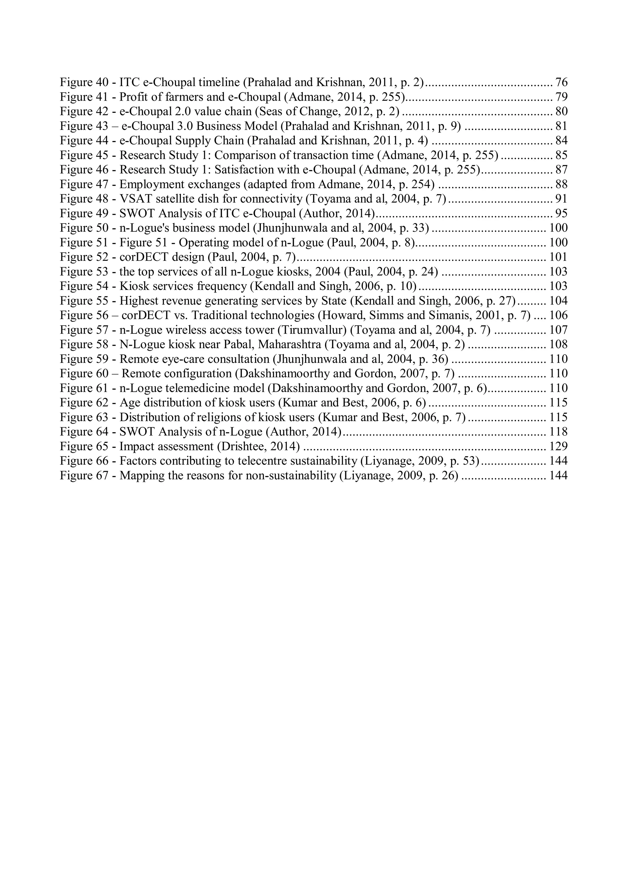 Figure 40 - ITC e-Choupal timeline (Prahalad and Krishnan, 2011, p. 2)....................................... 76
Figure 41 - Profit of farmers and e-Choupal (Admane, 2014, p. 255)............................................. 79
Figure 42 - e-Choupal 2.0 value chain (Seas of Change, 2012, p. 2) .............................................. 80
Figure 43 – e-Choupal 3.0 Business Model (Prahalad and Krishnan, 2011, p. 9) ........................... 81
Figure 44 - e-Choupal Supply Chain (Prahalad and Krishnan, 2011, p. 4) ..................................... 84
Figure 45 - Research Study 1: Comparison of transaction time (Admane, 2014, p. 255) ................ 85
Figure 46 - Research Study 1: Satisfaction with e-Choupal (Admane, 2014, p. 255)...................... 87
Figure 47 - Employment exchanges (adapted from Admane, 2014, p. 254) ................................... 88
Figure 48 - VSAT satellite dish for connectivity (Toyama and al, 2004, p. 7)................................ 91
Figure 49 - SWOT Analysis of ITC e-Choupal (Author, 2014)...................................................... 95
Figure 50 - n-Logue's business model (Jhunjhunwala and al, 2004, p. 33) ................................... 100
Figure 51 - Figure 51 - Operating model of n-Logue (Paul, 2004, p. 8)........................................ 100
Figure 52 - corDECT design (Paul, 2004, p. 7)............................................................................ 101
Figure 53 - the top services of all n-Logue kiosks, 2004 (Paul, 2004, p. 24) ................................ 103
Figure 54 - Kiosk services frequency (Kendall and Singh, 2006, p. 10)....................................... 103
Figure 55 - Highest revenue generating services by State (Kendall and Singh, 2006, p. 27)......... 104
Figure 56 – corDECT vs. Traditional technologies (Howard, Simms and Simanis, 2001, p. 7) .... 106
Figure 57 - n-Logue wireless access tower (Tirumvallur) (Toyama and al, 2004, p. 7) ................ 107
Figure 58 - N-Logue kiosk near Pabal, Maharashtra (Toyama and al, 2004, p. 2) ........................ 108
Figure 59 - Remote eye-care consultation (Jhunjhunwala and al, 2004, p. 36) ............................. 110
Figure 60 – Remote configuration (Dakshinamoorthy and Gordon, 2007, p. 7) ........................... 110
Figure 61 - n-Logue telemedicine model (Dakshinamoorthy and Gordon, 2007, p. 6).................. 110
Figure 62 - Age distribution of kiosk users (Kumar and Best, 2006, p. 6) .................................... 115
Figure 63 - Distribution of religions of kiosk users (Kumar and Best, 2006, p. 7)........................ 115
Figure 64 - SWOT Analysis of n-Logue (Author, 2014).............................................................. 118
Figure 65 - Impact assessment (Drishtee, 2014) .......................................................................... 129
Figure 66 - Factors contributing to telecentre sustainability (Liyanage, 2009, p. 53).................... 144
Figure 67 - Mapping the reasons for non-sustainability (Liyanage, 2009, p. 26) .......................... 144
 