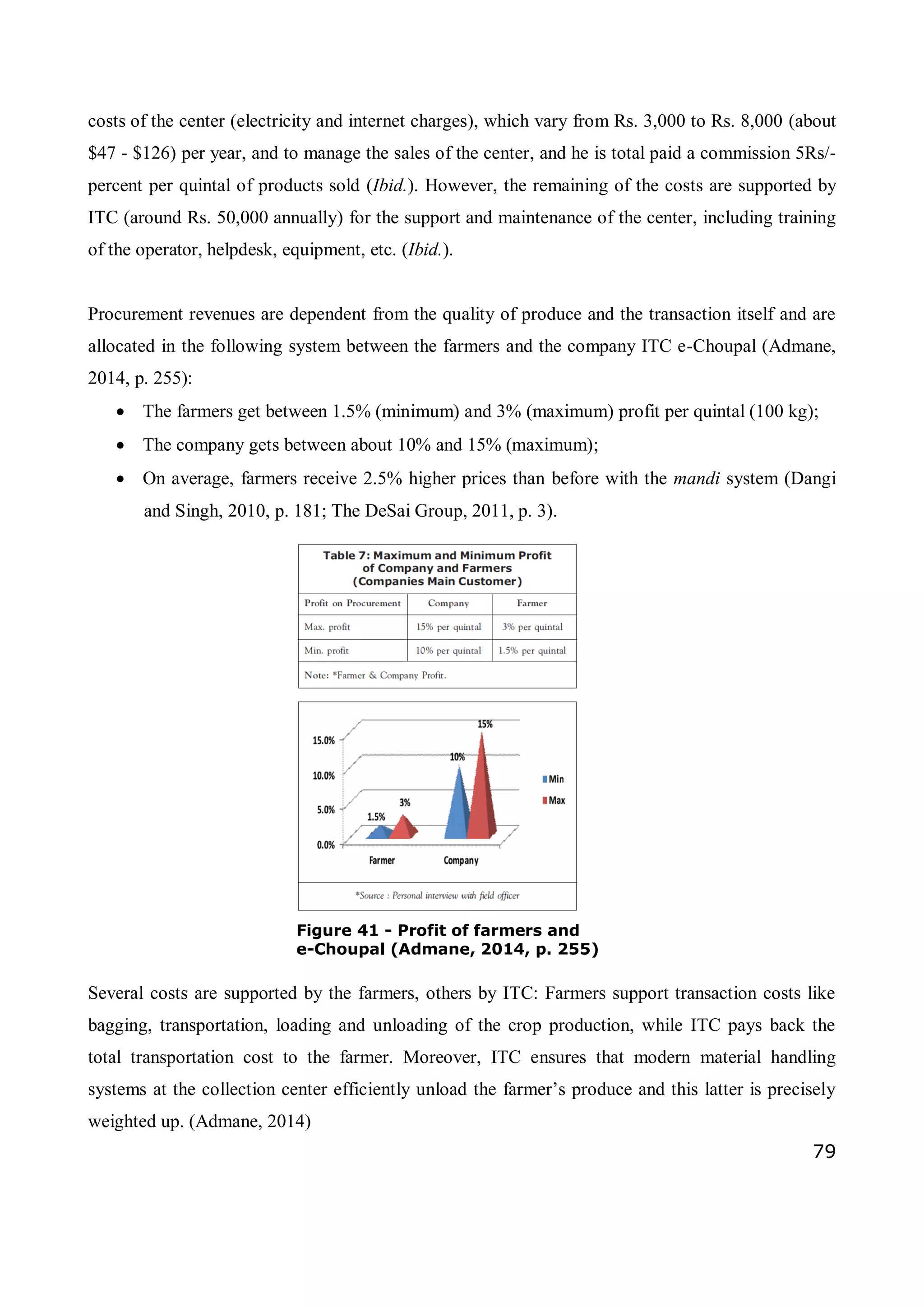 79
costs of the center (electricity and internet charges), which vary from Rs. 3,000 to Rs. 8,000 (about
$47 - $126) per year, and to manage the sales of the center, and he is total paid a commission 5Rs/-
percent per quintal of products sold (Ibid.). However, the remaining of the costs are supported by
ITC (around Rs. 50,000 annually) for the support and maintenance of the center, including training
of the operator, helpdesk, equipment, etc. (Ibid.).
Procurement revenues are dependent from the quality of produce and the transaction itself and are
allocated in the following system between the farmers and the company ITC e-Choupal (Admane,
2014, p. 255):
 The farmers get between 1.5% (minimum) and 3% (maximum) profit per quintal (100 kg);
 The company gets between about 10% and 15% (maximum);
 On average, farmers receive 2.5% higher prices than before with the mandi system (Dangi
and Singh, 2010, p. 181; The DeSai Group, 2011, p. 3).
Several costs are supported by the farmers, others by ITC: Farmers support transaction costs like
bagging, transportation, loading and unloading of the crop production, while ITC pays back the
total transportation cost to the farmer. Moreover, ITC ensures that modern material handling
systems at the collection center efficiently unload the farmer’s produce and this latter is precisely
weighted up. (Admane, 2014)
Figure 41 - Profit of farmers and
e-Choupal (Admane, 2014, p. 255)
 
