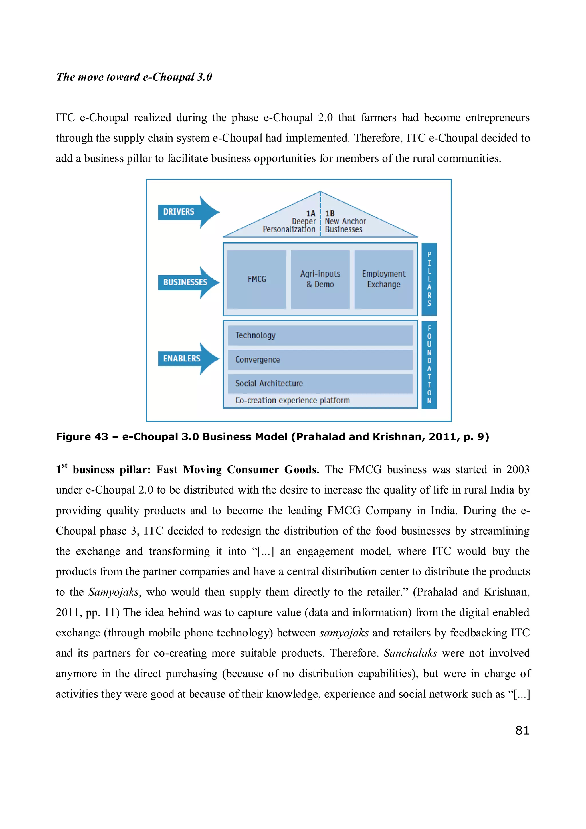 81
The move toward e-Choupal 3.0
ITC e-Choupal realized during the phase e-Choupal 2.0 that farmers had become entrepreneurs
through the supply chain system e-Choupal had implemented. Therefore, ITC e-Choupal decided to
add a business pillar to facilitate business opportunities for members of the rural communities.
Figure 43 – e-Choupal 3.0 Business Model (Prahalad and Krishnan, 2011, p. 9)
1st
business pillar: Fast Moving Consumer Goods. The FMCG business was started in 2003
under e-Choupal 2.0 to be distributed with the desire to increase the quality of life in rural India by
providing quality products and to become the leading FMCG Company in India. During the e-
Choupal phase 3, ITC decided to redesign the distribution of the food businesses by streamlining
the exchange and transforming it into “[...] an engagement model, where ITC would buy the
products from the partner companies and have a central distribution center to distribute the products
to the Samyojaks, who would then supply them directly to the retailer.” (Prahalad and Krishnan,
2011, pp. 11) The idea behind was to capture value (data and information) from the digital enabled
exchange (through mobile phone technology) between samyojaks and retailers by feedbacking ITC
and its partners for co-creating more suitable products. Therefore, Sanchalaks were not involved
anymore in the direct purchasing (because of no distribution capabilities), but were in charge of
activities they were good at because of their knowledge, experience and social network such as “[...]
 