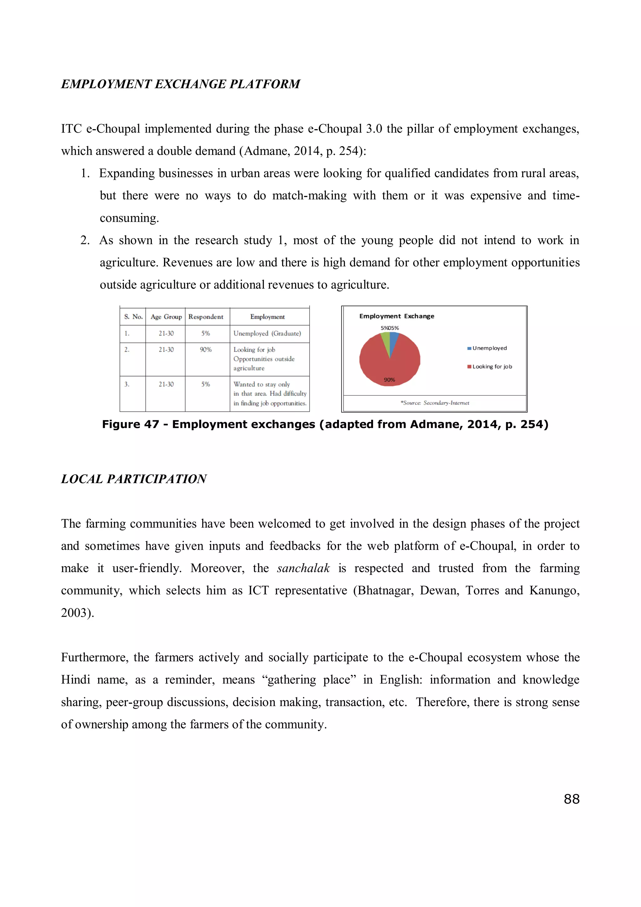 88
EMPLOYMENT EXCHANGE PLATFORM
ITC e-Choupal implemented during the phase e-Choupal 3.0 the pillar of employment exchanges,
which answered a double demand (Admane, 2014, p. 254):
1. Expanding businesses in urban areas were looking for qualified candidates from rural areas,
but there were no ways to do match-making with them or it was expensive and time-
consuming.
2. As shown in the research study 1, most of the young people did not intend to work in
agriculture. Revenues are low and there is high demand for other employment opportunities
outside agriculture or additional revenues to agriculture.
LOCAL PARTICIPATION
The farming communities have been welcomed to get involved in the design phases of the project
and sometimes have given inputs and feedbacks for the web platform of e-Choupal, in order to
make it user-friendly. Moreover, the sanchalak is respected and trusted from the farming
community, which selects him as ICT representative (Bhatnagar, Dewan, Torres and Kanungo,
2003).
Furthermore, the farmers actively and socially participate to the e-Choupal ecosystem whose the
Hindi name, as a reminder, means “gathering place” in English: information and knowledge
sharing, peer-group discussions, decision making, transaction, etc. Therefore, there is strong sense
of ownership among the farmers of the community.
Figure 47 - Employment exchanges (adapted from Admane, 2014, p. 254)
 