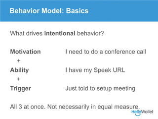 Behavior Model: Basics


What drives intentional behavior?

Motivation          I need to do a conference call
   +
Abilit...