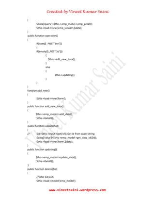 Created by Vineet Kumar Saini
www.vineetsaini.wordpress.com
{
$data['query']=$this->emp_model->emp_getall();
$this->load->view('emp_viewall',$data);
}
public function operation()
{
if(isset($_POST['btn']))
{
if(empty($_POST['id']))
{
$this->add_new_data();
}
else
{
$this->updating();
}
}
}
function add_new()
{
$this->load->view('form');
}
public function add_new_data()
{
$this->emp_model->add_data();
$this->GetAll();
}
public function update($id)
{
// $id=$this->input->get('id'); Get id from query string
$data['value']=$this->emp_model->get_data_id($id);
$this->load->view('form',$data);
}
public function updating()
{
$this->emp_model->update_data();
$this->GetAll();
}
public function delete($id)
{
//echo $id;exit;
$this->load->model('emp_model');
 