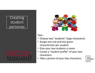 Creating
student
personas
Task :
• Choose two “students” (lego characters)
• Assign one red and one green
characteristic per student
• Give your two students a name
• Create a “student profile” of your two
characters.
• Take a picture of your two characters.
 