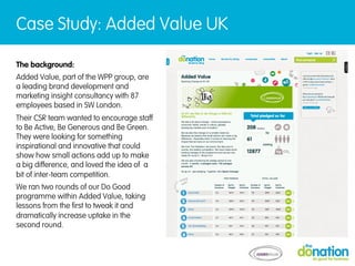 Case Study: Added Value UK
The background:
Added Value, part of the WPP group, are
a leading brand development and
marketing insight consultancy with 87
employees based in SW London.
Their CSR team wanted to encourage staff
to Be Active, Be Generous and Be Green.
They were looking for something
inspirational and innovative that could
show how small actions add up to make
a big difference, and loved the idea of a
bit of inter-team competition.
We ran two rounds of our Do Good
programme within Added Value, taking
lessons from the first to tweak it and
dramatically increase uptake in the
second round.

 