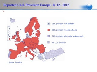 which is 'foreign' according to the curriculum. This is known as content and language integrated
learning (CLIL – see the Glossary, Statistical Databases and Bibliography section). Only Denmark,
Greece, Iceland CLIL Provision Europe provision. - 2012
 Reported and Turkey do not make this kind of - K-12
     Figure B9: Existence of CLIL provision
     in primary and/or general secondary education, 2010/11




                                                         CLIL provision in all schools


                                                         CLIL provision in some schools


                                                         CLIL provision within pilot projects only


                                                         No CLIL provision




      Source: Eurydice.
Explanatory note
CLIL provision in some schools: The practice is not necessarily widespread. For detailed information on CLIL
provision in each country, see Annex 2.
 
