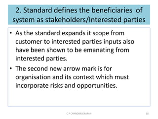 2. Standard defines the beneficiaries of
system as stakeholders/Interested parties
• As the standard expands it scope from
customer to interested parties inputs also
have been shown to be emanating from
interested parties.
• The second new arrow mark is for
organisation and its context which must
incorporate risks and opportunities.
C P CHANDRASEKARAN 10
 