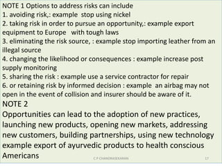 NOTE 1 Options to address risks can include
1. avoiding risk,: example stop using nickel
2. taking risk in order to pursue an opportunity,: example export
equipment to Europe with tough laws
3. eliminating the risk source, : example stop importing leather from an
illegal source
4. changing the likelihood or consequences : example increase post
supply monitoring
5. sharing the risk : example use a service contractor for repair
6. or retaining risk by informed decision : example an airbag may not
open in the event of collision and insurer should be aware of it.
NOTE 2
Opportunities can lead to the adoption of new practices,
launching new products, opening new markets, addressing
new customers, building partnerships, using new technology
example export of ayurvedic products to health conscious
Americans C P CHANDRASEKARAN 17
 