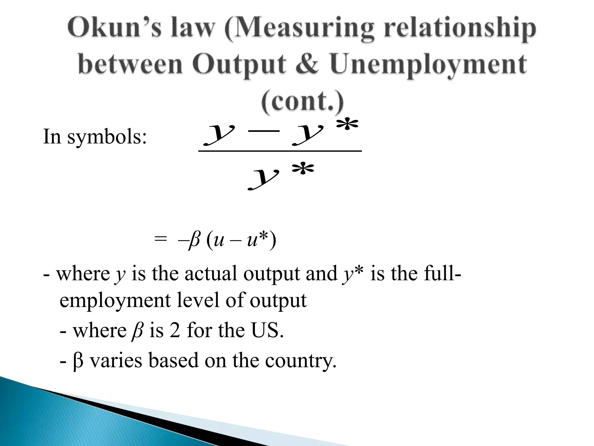 In symbols:
= –β (u – u*)
- where y is the actual output and y* is the full-
employment level of output
- where β is 2 for the US.
- β varies based on the country.
*
*
y
yy 
 