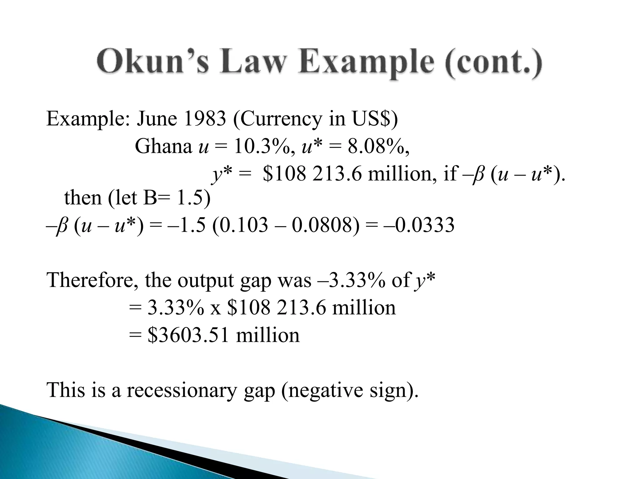 Example: June 1983 (Currency in US$)
Ghana u = 10.3%, u* = 8.08%,
y* = $108 213.6 million, if –β (u – u*).
then (let B= 1.5)
–β (u – u*) = –1.5 (0.103 – 0.0808) = –0.0333
Therefore, the output gap was –3.33% of y*
= 3.33% x $108 213.6 million
= $3603.51 million
This is a recessionary gap (negative sign).
 