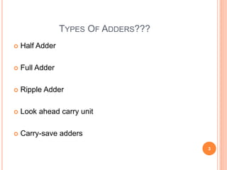 TYPES OF ADDERS??? 
 Half Adder 
 Full Adder 
 Ripple Adder 
 Look ahead carry unit 
 Carry-save adders 
3 
 