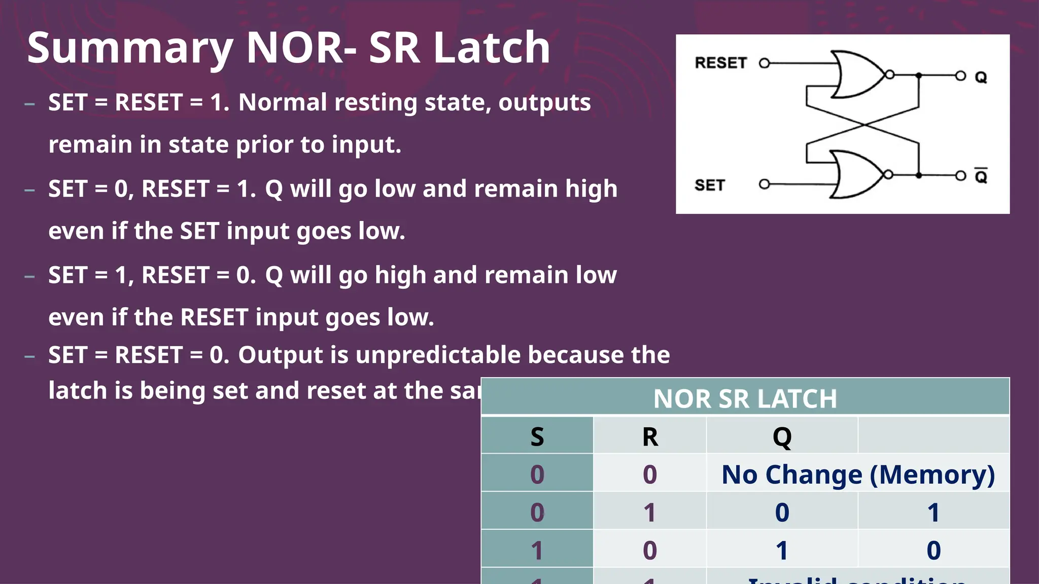 Summary NOR- SR Latch
– SET = RESET = 1. Normal resting state, outputs
remain in state prior to input.
– SET = 0, RESET = 1. Q will go low and remain high
even if the SET input goes low.
– SET = 1, RESET = 0. Q will go high and remain low
even if the RESET input goes low.
– SET = RESET = 0. Output is unpredictable because the
latch is being set and reset at the same time. NOR SR LATCH
S R Q
0 0 No Change (Memory)
0 1 0 1
1 0 1 0
 