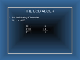 THE BCD ADDER Add the following BCD number 0011  +  0100 0011  3 + 0100  + 4 0111  7 
