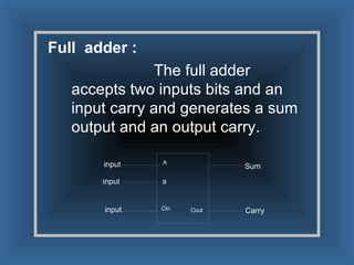 Full  adder : The full adder accepts two inputs bits and an input carry and generates a sum output and an output carry. 