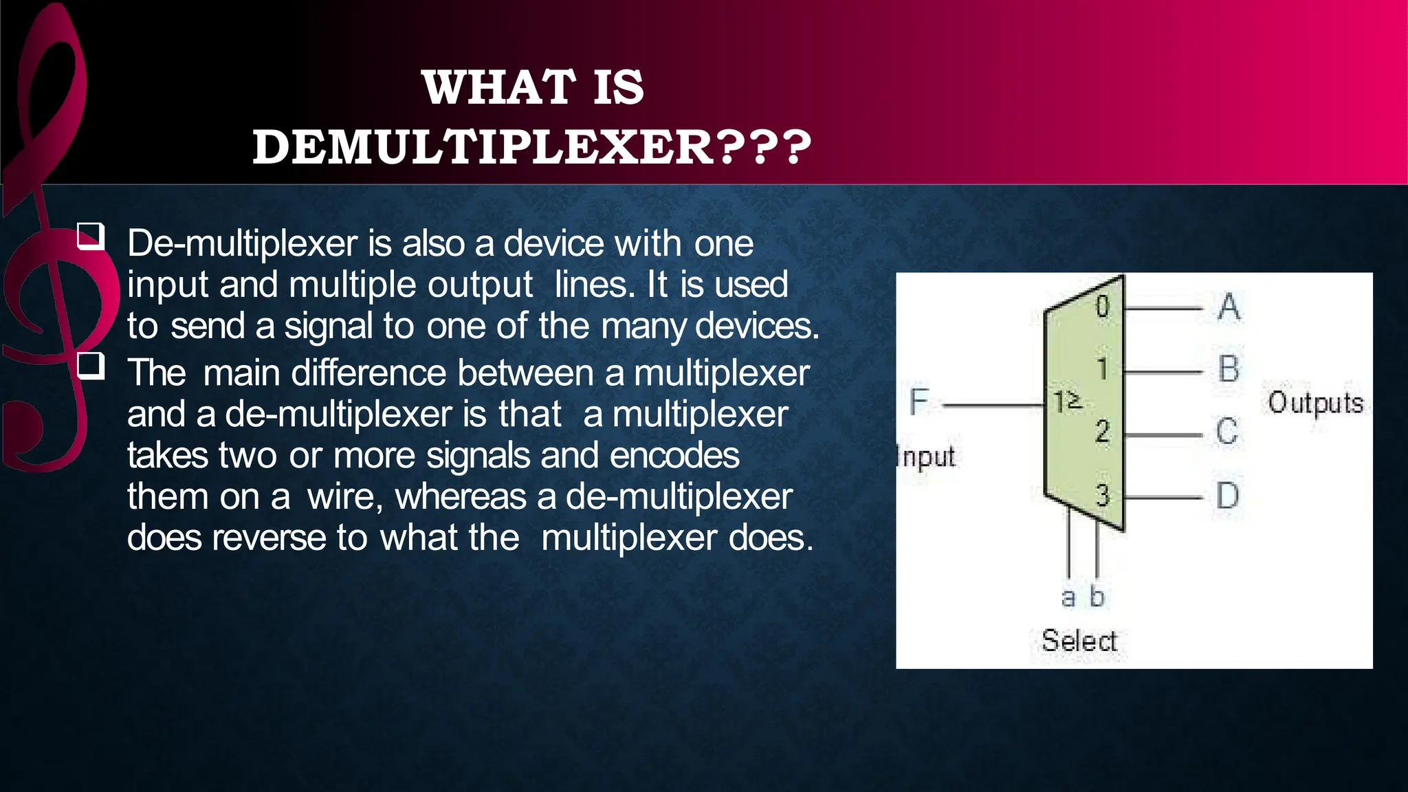 WHAT IS
DEMULTIPLEXER???
 De-multiplexer is also a device with one
input and multiple output lines. It is used
to send a signal to one of the many devices.
 The main difference between a multiplexer
and a de-multiplexer is that a multiplexer
takes two or more signals and encodes
them on a wire, whereas a de-multiplexer
does reverse to what the multiplexer does.
 