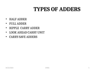 04/22/2025 CMOS 5
TYPES OF ADDERS
• HALF ADDER
• FULL ADDER
• RIPPLE CARRY ADDER
• LOOK AHEAD CARRY UNIT
• CARRY-SAVE ADDERS
 