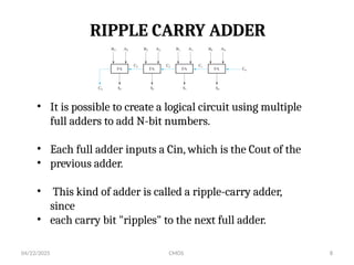 04/22/2025 CMOS 8
RIPPLE CARRY ADDER
• It is possible to create a logical circuit using multiple
full adders to add N-bit numbers.
• Each full adder inputs a Cin, which is the Cout of the
• previous adder.
• This kind of adder is called a ripple-carry adder,
since
• each carry bit "ripples" to the next full adder.
 