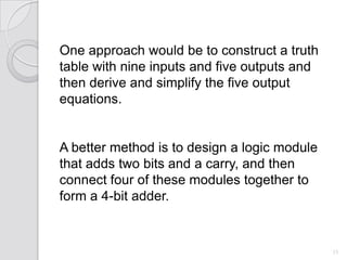 One approach would be to construct a truth
table with nine inputs and five outputs and
then derive and simplify the five output
equations.


A better method is to design a logic module
that adds two bits and a carry, and then
connect four of these modules together to
form a 4-bit adder.


                                              15
 