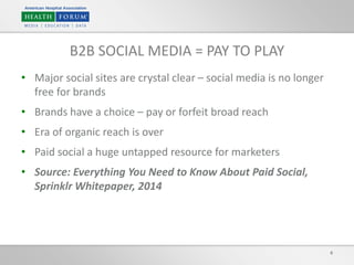 • Major social sites are crystal clear – social media is no longer
free for brands
• Brands have a choice – pay or forfeit broad reach
• Era of organic reach is over
• Paid social a huge untapped resource for marketers
• Source: Everything You Need to Know About Paid Social,
Sprinklr Whitepaper, 2014
4
B2B SOCIAL MEDIA = PAY TO PLAY
 