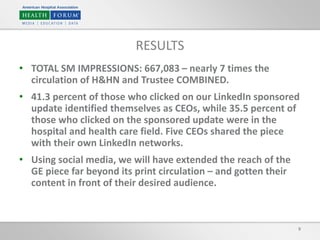 • TOTAL SM IMPRESSIONS: 667,083 – nearly 7 times the
circulation of H&HN and Trustee COMBINED.
• 41.3 percent of those who clicked on our LinkedIn sponsored
update identified themselves as CEOs, while 35.5 percent of
those who clicked on the sponsored update were in the
hospital and health care field. Five CEOs shared the piece
with their own LinkedIn networks.
• Using social media, we will have extended the reach of the
GE piece far beyond its print circulation – and gotten their
content in front of their desired audience.
9
RESULTS
 