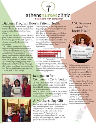 Earlier this year, the Athens
Nurses Clinic received a $26,217
grant to promote breast health.
The grant was presented by It’s
the Journey Inc., creator of the
Atlanta 2-Day Walk for Breast
Cancer.
With the money, the ANC plans
to fund diagnostic and screening
mammograms for women in
need in Athens.
In addition to in-office services,
Executive Director Paige
Cummings spent the lovely
Saturday of Memorial Day
weekend at the Athens Farmers
Market teaching shoppers how to
administer self-breast exams.
Diabetes Program Boosts Patient Health
Recognition for
Community Contribution
A Mother’s Day Gift
Diabetic patients are now better equiped
to live with diabetes due to an educational
program offered by the Athens Nurses
Clinic.
In May 2011, the clinic received a $10,000
grant that was used to educate patients on
how to manage diabetes with regards to
diet, exercise, and self-monitoring
techniques.
The Diabetes Management Program
requires every patient diagnosed with
diabetes to attend an hourlong individual
consultation with an educator. They are
taught how to perform a fingerstick and
blood sugar testing. In addition, patients
learn the significance of portion control
and purchasing healthy grocery items.
Students from the University of Georgia
also created several one-week menus that
met dietary standards and cost less than
$30 per week in food stamps.
To assist patients in tracking food intake,
they are given a two-week log form with
individualized meal plans.
After four weeks, patients report “feeling
better” when they have low blood sugar
and show ease in using fingersticks.
The results of the program show that after
nine months, blood sugar measurements
and BMIs of participants drop
significantly.
On May 7, the Athens Nurses Clinic received
an award from the Georgia Department of
Public Health for the contributions made to
the Athens community.
The ANC would like to thank all the staff and
volunteers who work tirelessly to give quality
healthcare to the Athens community!
ANC Receives
Grant for
Breast Health
This past May, Belk donated Elizabeth Arden
bags containing items from Lancôme and
Estée Lauder to the Athens Nurses Clinic.
As a gift, moms who came to the clinic
around Mother’s Day received a
complementary bag until supplies ran out.
The staff and patients greatly appreciate the
generosity of these donations.
At Education
Post Education (9-12 months)
Post Education (15-24 months)
Comparison of Blood Sugar Levels
0 20 40 60 80 100 120 140 160 180
Blood Sugar (mg/dL)
With the success of the Diabetes
Management Program, the Athens Nurses
Clinic’s next initiative is to create a similar
program dedicated to educating patients
about managing obesity.
 