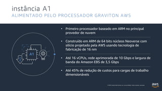 © 2020, Amazon Web Services, Inc. ou suas afiliadas. Todos os direitos reservados.
instância A1
ALIMENTADO PELO PROCESSADOR GRAVITON AWS
A1
• Primeiro processador baseado em ARM no principal
provedor de nuvem
• Construído em ARM de 64 bits núcleos Neoverse com
silício projetado pela AWS usando tecnologia de
fabricação de 16 nm
• Até 16 vCPUs, rede aprimorada de 10 Gbps e largura de
banda do Amazon EBS de 3,5 Gbps
• Até 45% de redução de custos para cargas de trabalho
dimensionáveis
 