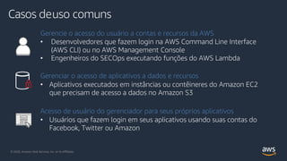 Casos deuso comuns
Gerencie o acesso do usuário a contas e recursos da AWS
• Desenvolvedores que fazem login na AWS Command Line Interface
(AWS CLI) ou no AWS Management Console
• Engenheiros do SECOps executando funções do AWS Lambda
Gerenciar o acesso de aplicativos a dados e recursos
• Aplicativos executados em instâncias ou contêineres do Amazon EC2
que precisam de acesso a dados no Amazon S3
Acesso de usuário do gerenciador para seus próprios aplicativos
• Usuários que fazem login em seus aplicativos usando suas contas do
Facebook, Twitter ou Amazon
© 2020, Amazon Web Services, Inc. or its Affiliates.© 2020, Amazon Web Services, Inc. or its Affiliates.
 