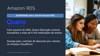 © 2020, Amazon Web Services, Inc. ou suas afiliadas. Todos os direitos reservados.
Amazon RDS
Estabilidade com o uso do Amazon RDS
Com suporte da AWS, Quero Educação conecta
estudantes a mais de 6 mil instituições de ensino
Savings plan, contrato de desconto por volume
no Amazon Cloudfront
 