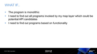 © 2017 IBM Corporation
11
WHAT IF..
▪ The program is monolithic
▪ I need to find out all programs invoked by my map layer which could be
potential API candidates
▪ I need to find out programs based on functionality
 