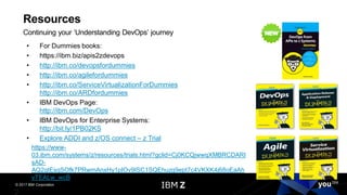 © 2017 IBM Corporation
• For Dummies books:
• https://ibm.biz/apis2zdevops
• http://ibm.co/devopsfordummies
• http://ibm.co/agilefordummies
• http://ibm.co/ServiceVirtualizationForDummies
http://ibm.co/ARDfordummies
• IBM DevOps Page:
http://ibm.com/DevOps
• IBM DevOps for Enterprise Systems:
http://bit.ly/1PB02KS
• Explore ADDI and z/OS connect – z Trial
https://www-
03.ibm.com/systems/z/resources/trials.html?gclid=Cj0KCQjwwqXMBRCDARI
sAD-
AQ2gtEsgSOfk7PRwmAnxHy1pIOv9ISC1SQEhuzg9ept7c4VKXK4j68oEaAh
vTEALw_wcB
Resources
Continuing your ‘Understanding DevOps’ journey
 