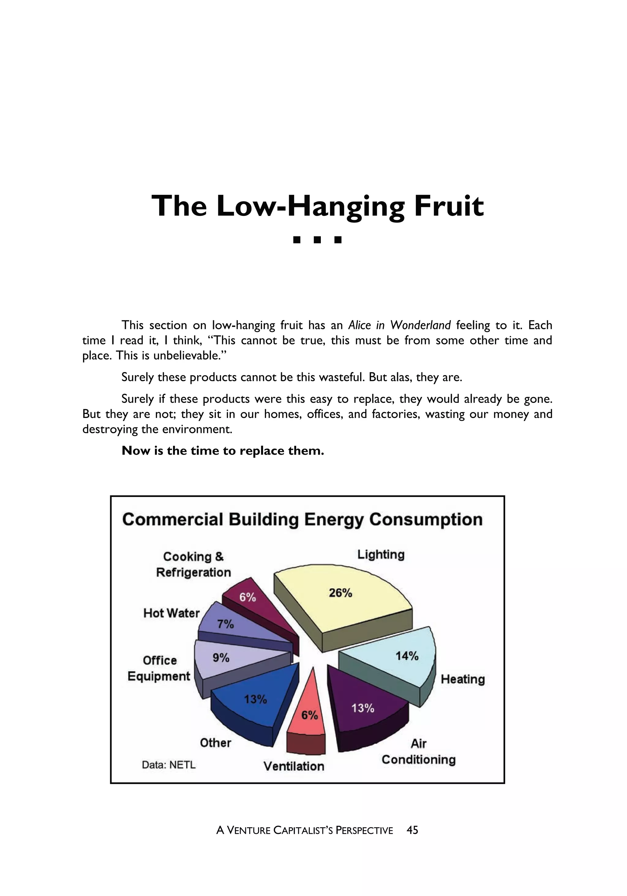 The Low-Hanging Fruit


        This section on low-hanging fruit has an Alice in Wonderland feeling to it. Each
time I read it, I think, “This cannot be true, this must be from some other time and
place. This is unbelievable.”
       Surely these products cannot be this wasteful. But alas, they are.
       Surely if these products were this easy to replace, they would already be gone.
But they are not; they sit in our homes, offices, and factories, wasting our money and
destroying the environment.
       Now is the time to replace them.




                         A VENTURE CAPITALIST’S PERSPECTIVE   45
 
