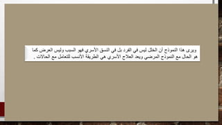 ‫كما‬ ‫العرض‬ ‫وليس‬ ‫السبب‬ ‫فهو‬ ‫األسري‬ ‫النسق‬ ‫في‬ ‫بل‬ ‫الفرد‬ ‫في‬ ‫ليس‬ ‫الخلل‬ ‫أن‬ ‫النموذج‬ ‫هذا‬ ‫ويرى‬
‫الحاالت‬ ‫مع‬ ‫للتعامل‬ ‫األنسب‬ ‫الطريقة‬ ‫هي‬ ‫األسري‬ ‫العالج‬ ‫ويعد‬ ‫المرضي‬ ‫النموذج‬ ‫مع‬ ‫الحال‬ ‫هو‬.
 